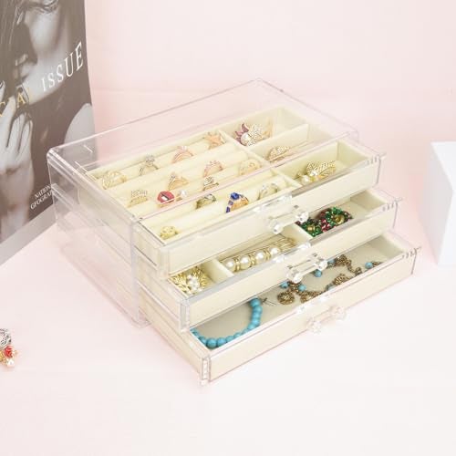 Weiai Acrylic Jewelry Box 3 Drawers, Velvet Jewellery Organizer, Earring Rings Necklaces Bracelets Display Case Gift for Women, Girls, Beige - Image 2