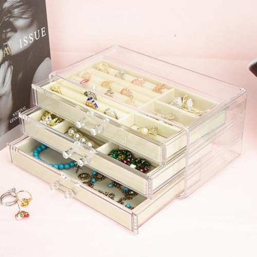 Weiai Acrylic Jewelry Box 3 Drawers, Velvet Jewellery Organizer, Earring Rings Necklaces Bracelets Display Case Gift for Women, Girls, Beige - Image 5