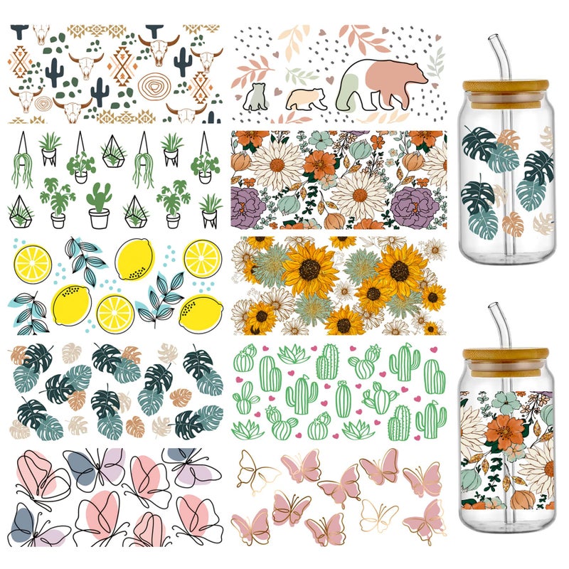 PEVOGON Plant Butterfly UV DTF Cup Wrap Transfer Stickers for Glass 10 Sheet Rub on Transfers Decal for 16OZ Glass Cups Furnit Craft Wood DIY Crafts