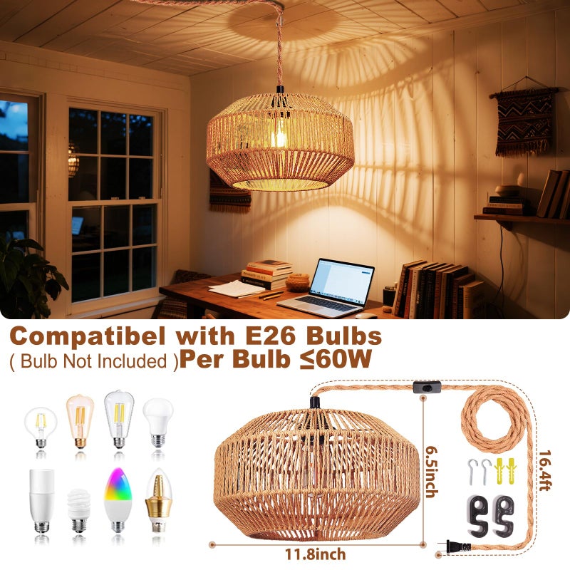Maliralt Hanging Lamps Rattan Pendant Light Hanging Lights 16.4ft Plug in Cord Pendant Light Fixture Plug Into Wall Outlet Pendant Lighting with On Off Switch for Bedroom Living (Pumpkin Shade) - Image 4