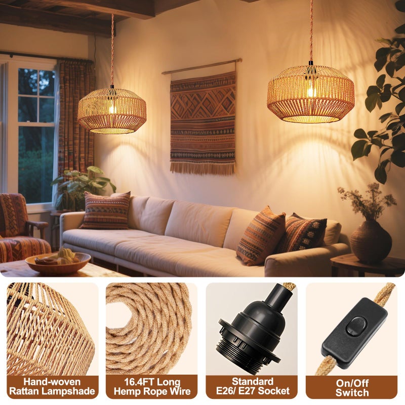 Maliralt Hanging Lamps Rattan Pendant Light Hanging Lights 16.4ft Plug in Cord Pendant Light Fixture Plug Into Wall Outlet Pendant Lighting with On Off Switch for Bedroom Living (Pumpkin Shade) - Image 2