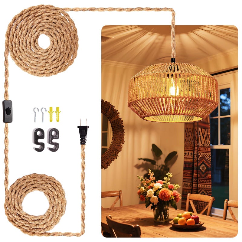 Maliralt Hanging Lamps Rattan Pendant Light Hanging Lights 16.4ft Plug in Cord Pendant Light Fixture Plug Into Wall Outlet Pendant Lighting with On Off Switch for Bedroom Living (Pumpkin Shade) - Image 1