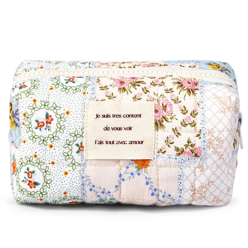 Sminra Floral Makeup Bag Pouch - Small Quilted Cosmetic Organizer for Travel Daily, Aesthetic Cottagecore Cotton Toiletry Pencil Purses with Zipper, Portable Gift for Women Girls (Blue Floral-S) - Image 1