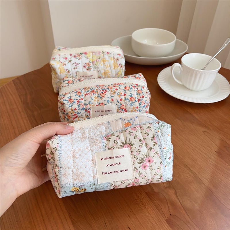 Sminra Floral Makeup Bag Pouch - Small Quilted Cosmetic Organizer for Travel Daily, Aesthetic Cottagecore Cotton Toiletry Pencil Purses with Zipper, Portable Gift for Women Girls (Blue Floral-S) - Image 4