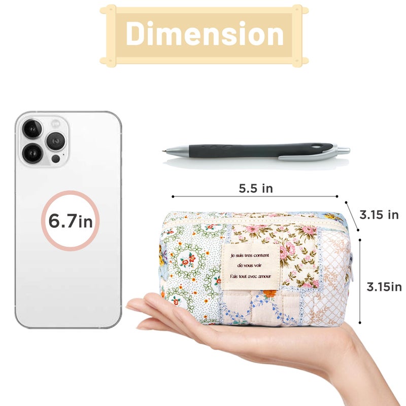 Sminra Floral Makeup Bag Pouch - Small Quilted Cosmetic Organizer for Travel Daily, Aesthetic Cottagecore Cotton Toiletry Pencil Purses with Zipper, Portable Gift for Women Girls (Blue Floral-S) - Image 2