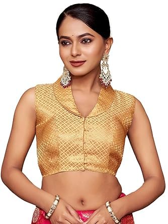 Vardha Women's Brocade Sleeveless Padded Saree Blouse for Women with Collar Neck (Chikoo) - Image 4