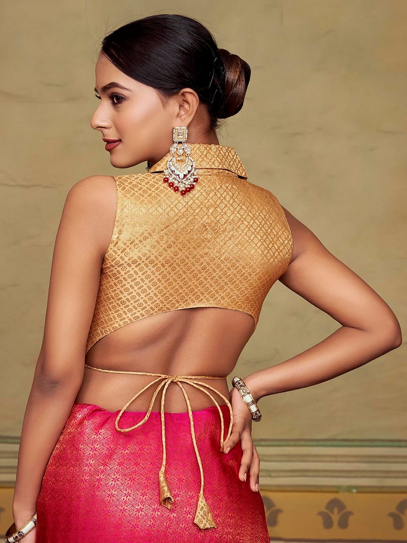 Vardha Women's Brocade Sleeveless Padded Saree Blouse for Women with Collar Neck (Chikoo) - Image 3