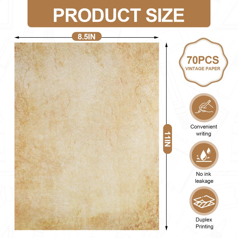 Joyberg 70PCS Vintage Paper 8.5 x 11 in Parchment paper for Writing Letter writing Paper, Decorative Printer Paper for Invitation, Letter, Resume, Award, Diploma, Art, Craft, Certificate Antique - Image 2