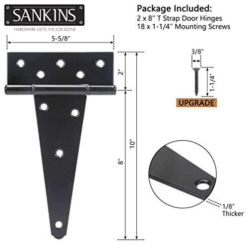 SANKINS 8 Inch T-Strap Shed Door Hinges Heavy Duty, Black Tee Hinge for Wooden Fences, Yard Door, Barn Door Gates, Wrought Hardware Rustproof, 2PCS - Image 2