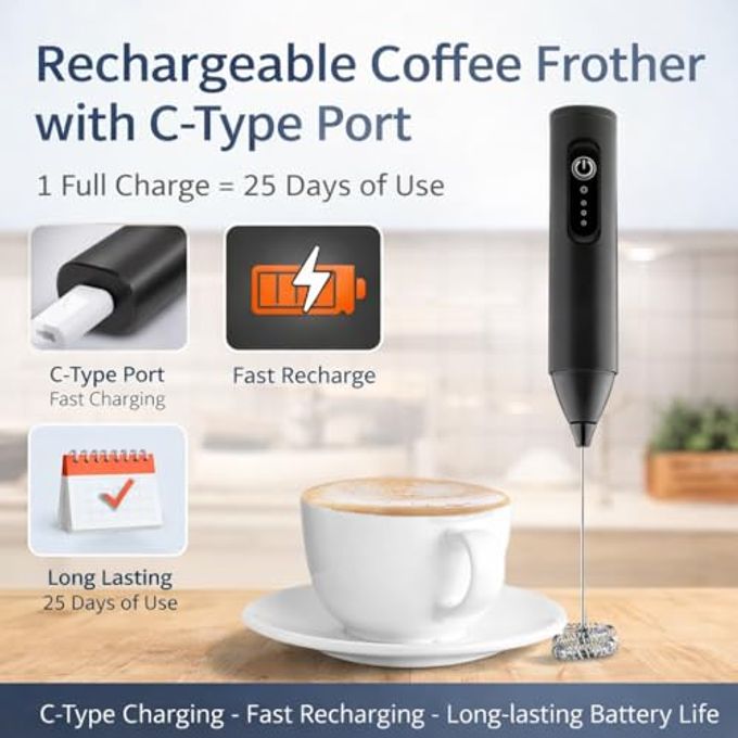 Bonsenkitchen Rechargeable Milk Frother Handheld, USB-C Electric Coffee Frother with Stainless Steel Whisk, 3 Speed Froth Maker for Coffee, Latte, Cappuccino, Matcha,Hot Chocolate (asorted) - Image 2