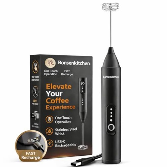 Bonsenkitchen Rechargeable Milk Frother Handheld, USB-C Electric Coffee Frother with Stainless Steel Whisk, 3 Speed Froth Maker for Coffee, Latte, Cappuccino, Matcha,Hot Chocolate (asorted) - Image 1
