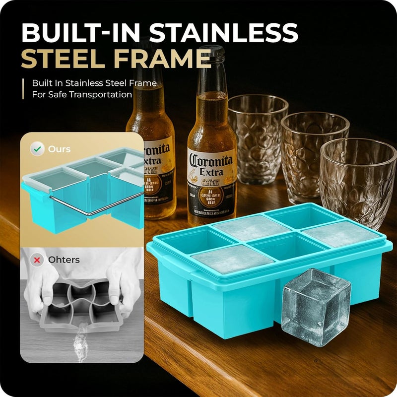 Xomoo Large Ice Cube Trays for Whiskey, Silicone Ice Cube Tray, with Reinforced Steel Ring Top, Makes 12 perfect 2-in ice cubes, Square Ice Tray for Cocktails, Whiskey, Coffee. (2 Pack) - Image 3