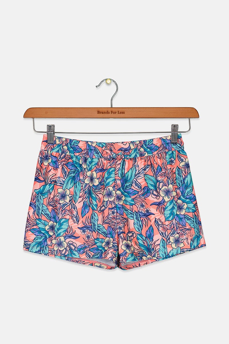 Piping Hot Kids Girl Allover Print Swim Shorts, Coral and Light Green Combo - Image 1