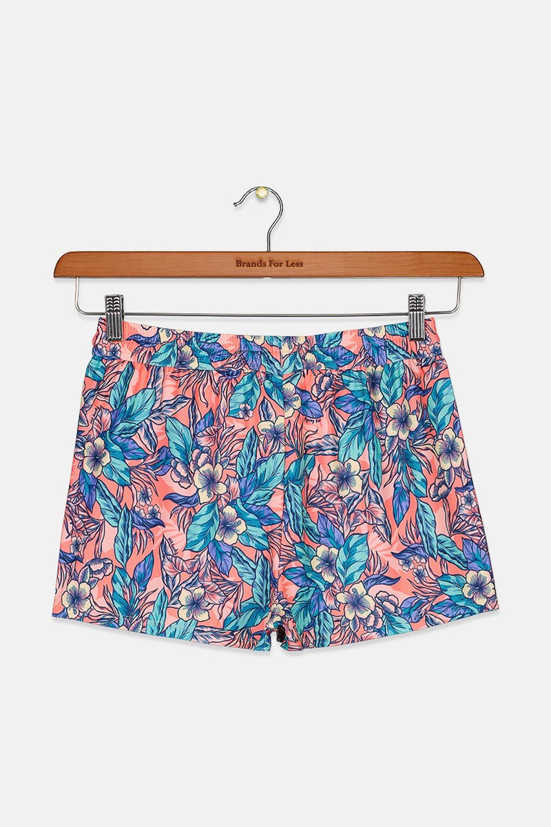 Piping Hot Kids Girl Allover Print Swim Shorts, Coral and Light Green Combo - Image 2