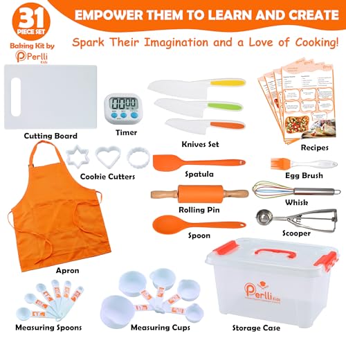 PERLLI Kids Real Cooking Set for Cooking and Baking 31 Pc Gift for Junior Chef with Real Utensils Case Safe Kids Knife Set for Boys Girls Fine Motor Skills Fun for Children Ages 6 Orange - Image 5
