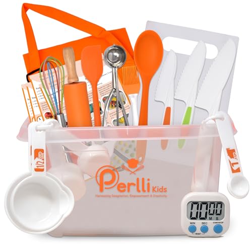 PERLLI Kids Real Cooking Set for Cooking and Baking 31 Pc Gift for Junior Chef with Real Utensils Case Safe Kids Knife Set for Boys Girls Fine Motor Skills Fun for Children Ages 6 Orange - Image 1