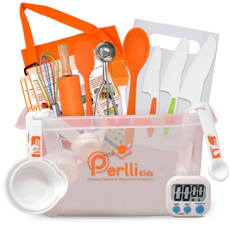 PERLLI Kids Real Cooking Set for Cooking and Baking 31 Pc Gift for Junior Chef with Real Utensils Case Safe Kids Knife Set for Boys Girls Fine Motor Skills Fun for Children Ages 6 Orange - Image 3