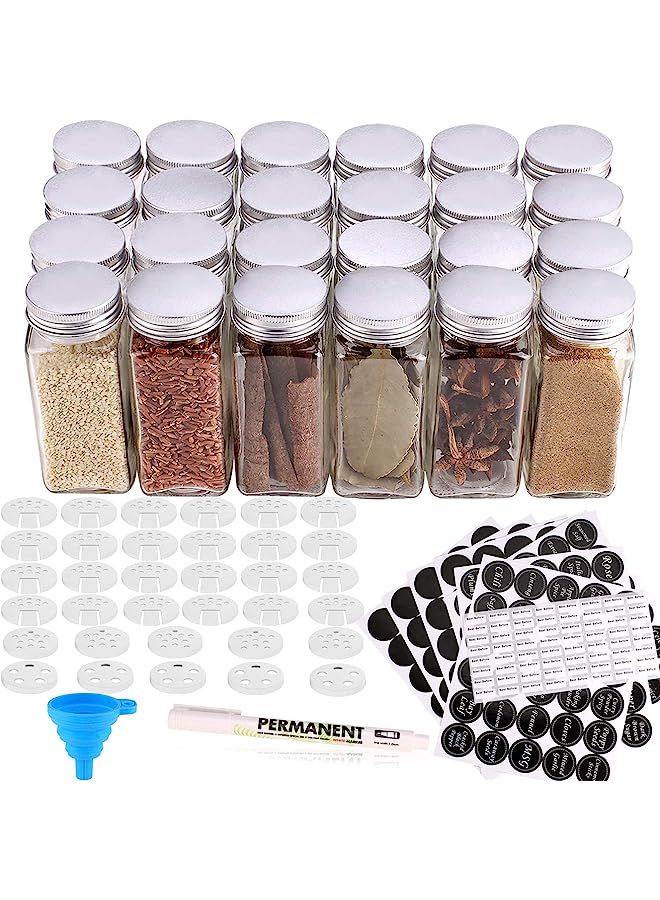 erorex 24 Glass Spice Jars with w/3 Types of Labels-4oz Empty Square Spice Containers,Three Kinds of Shaker Lids and Airtight Metal Caps-White Paint Pen and Silicone Collapsible Funnel Included - Image 1