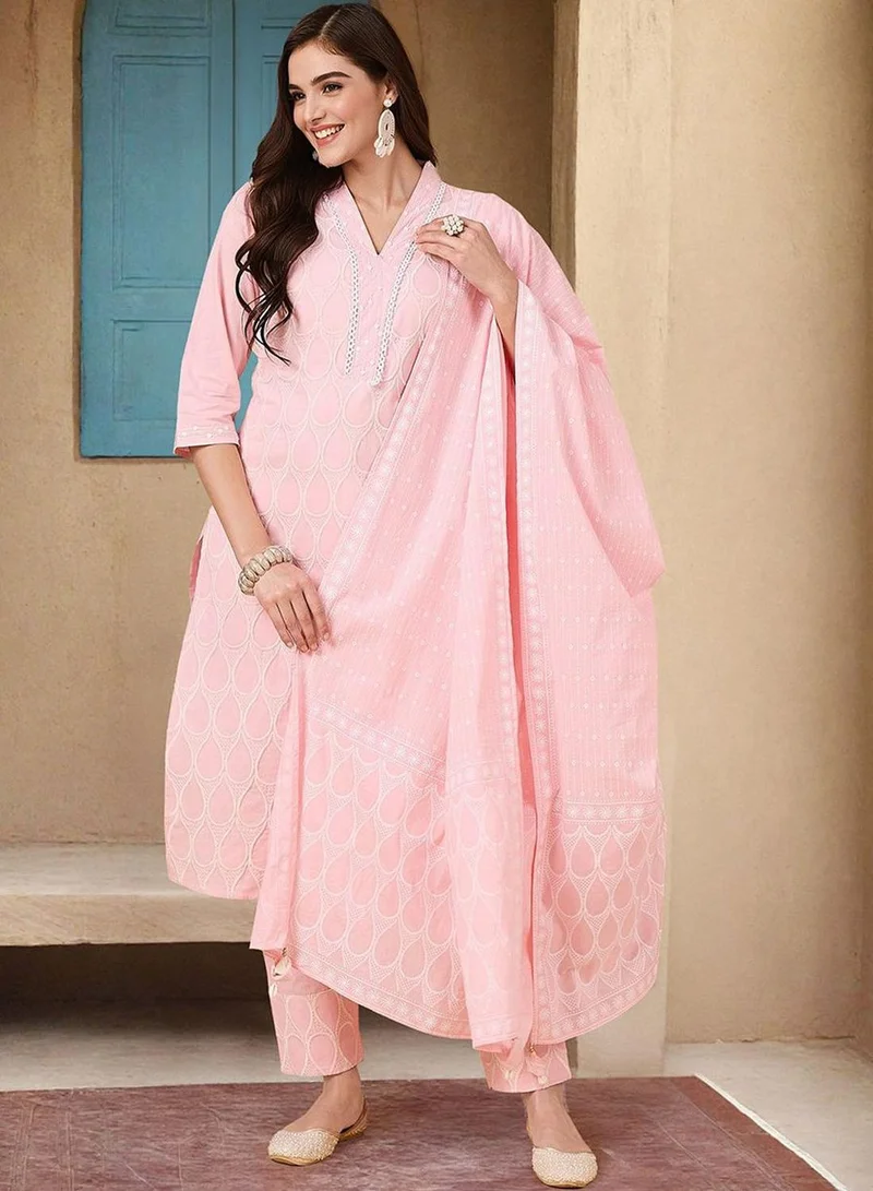 آي شين Women's Pink 100% Cotton Printed Tunic Full Length Casual Straight Fit Kurta Set