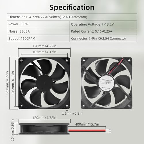 PANO-MOUNTS 12V DC Fan Strong Quiet 120x120x25mm 12cm Small Cooling Fan 2Pin 2Wire 1600RPM High-Performance PC Fans 120mm 2-Pack - Image 2
