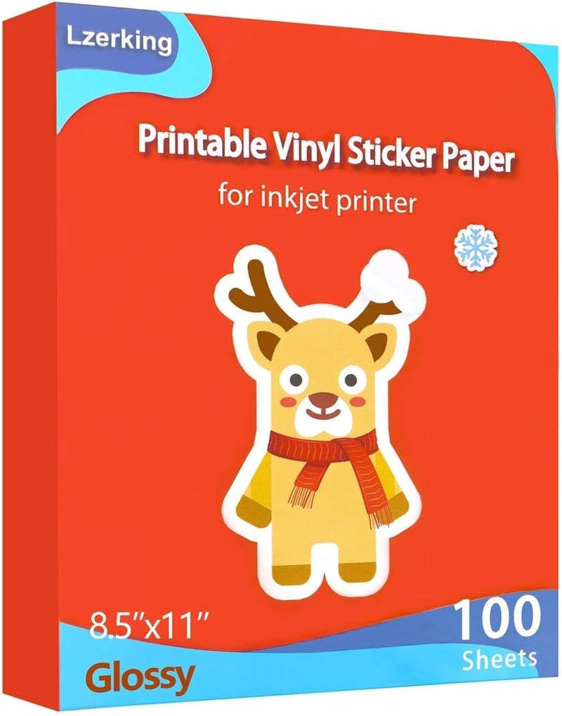 Lzerking Printable Vinyl Sticker Paper, Glossy Waterproof Sticker Paper for Inkjet & Laser Printers, 100 Sheets 8.5x11" White, Compatible with Cricut, Bulk Pack for Small Business & DIY - Image 1