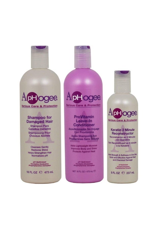 ApHogee Shampoo for Damaged Hair 16 Fl Oz, ProVitamin Leave-In Conditioner 16 Fl Oz, Keratin 2 Minute Reconstructor 8 Fl Oz Set - Image 1