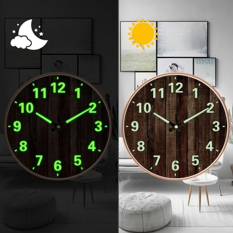 STAR WORK Modern 12 Inch Silent Wall Clock with Glow-in-The-Night Radium, Non-Ticking Mechanism & Big Numbers – Perfect for Living Room, Bedroom, Hall & Home Décor(RADUIM Walnut) - Image 1