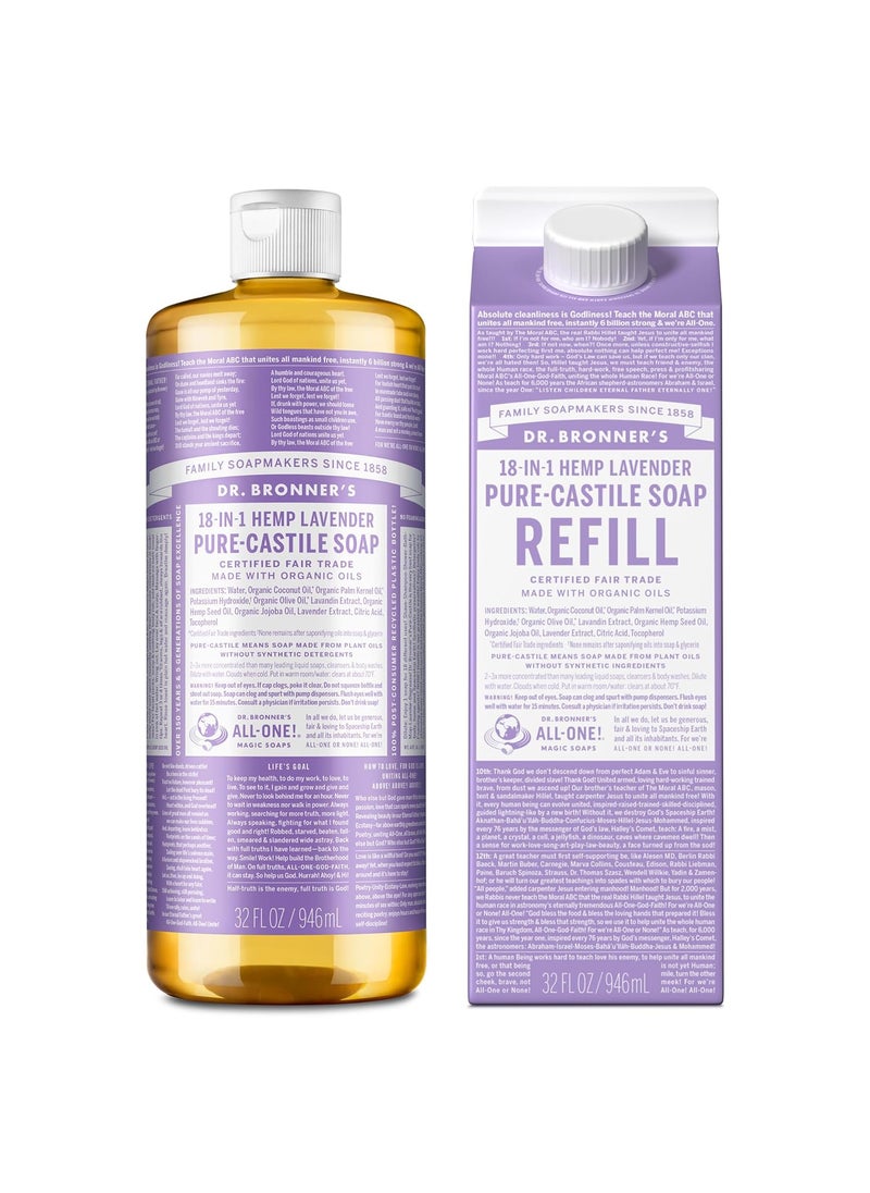 Dr. Bronner's Dr Bronners PureCastile Liquid Soap Bottle  Refill Carton  Made with Regenerative Organic Certified Oils 82 Less Plastic18in1 Uses for Face Body Wash Hand Soap Refill Lavender32oz 