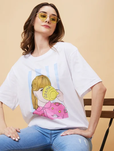 جلو باص Women Graphic Printed Drop-Shoulder Pure Cotton Oversized T-Shirt