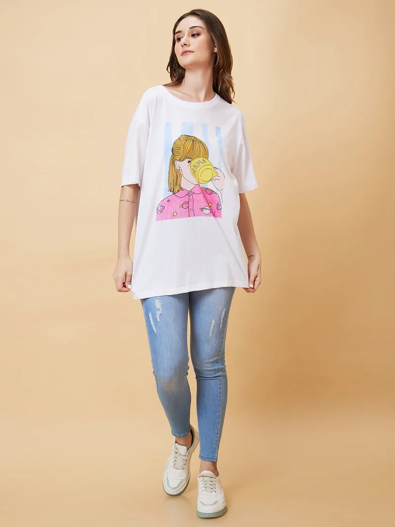 جلو باص Women Graphic Printed Drop-Shoulder Pure Cotton Oversized T-Shirt