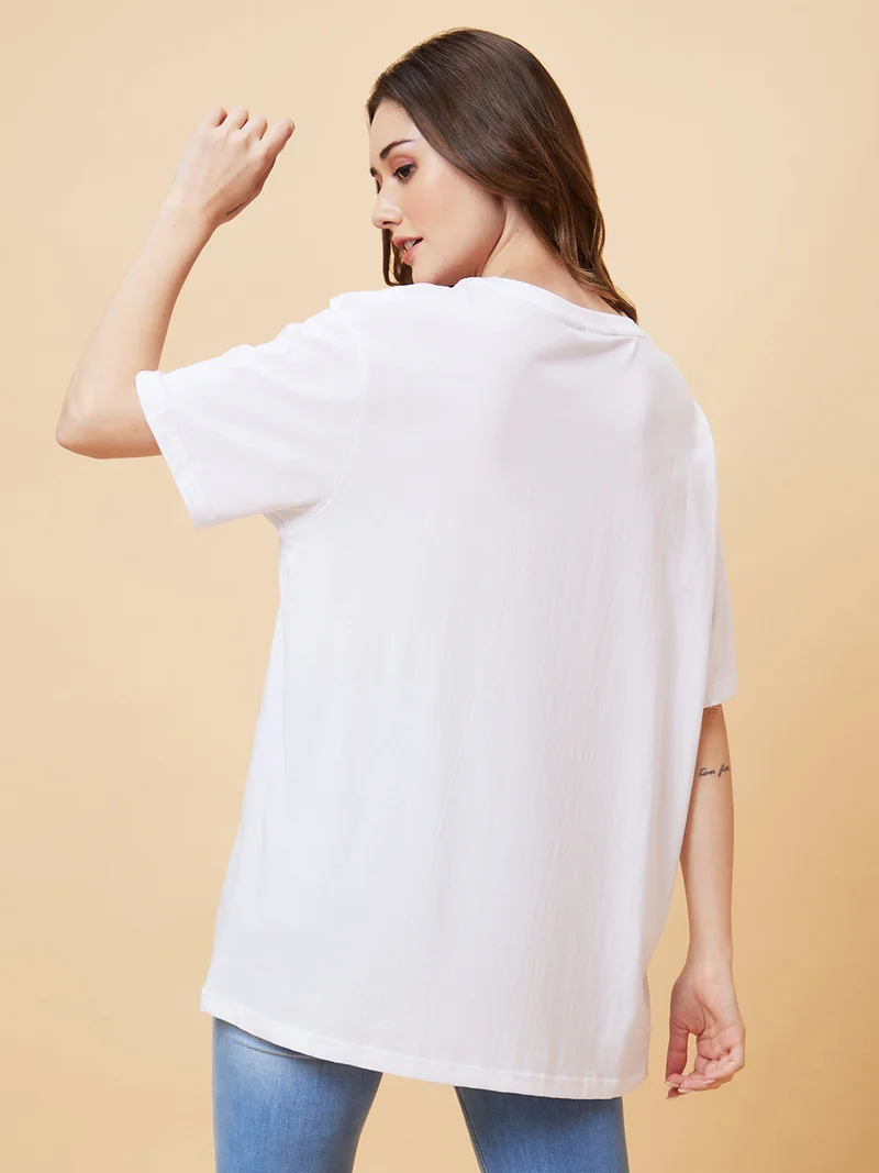 جلو باص Women Graphic Printed Drop-Shoulder Pure Cotton Oversized T-Shirt