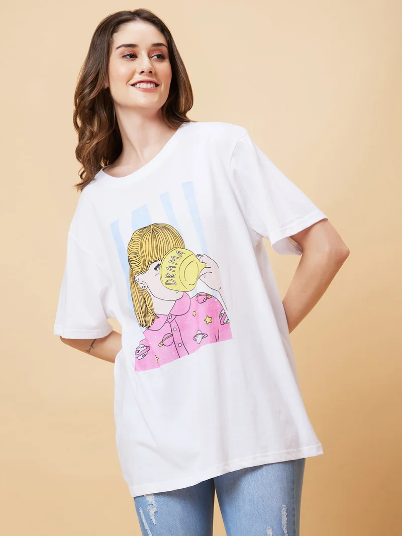 جلو باص Women Graphic Printed Drop-Shoulder Pure Cotton Oversized T-Shirt