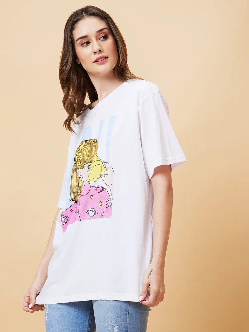 جلو باص Women Graphic Printed Drop-Shoulder Pure Cotton Oversized T-Shirt