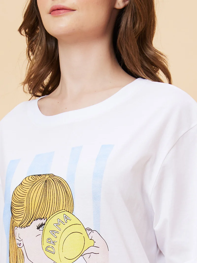 جلو باص Women Graphic Printed Drop-Shoulder Pure Cotton Oversized T-Shirt