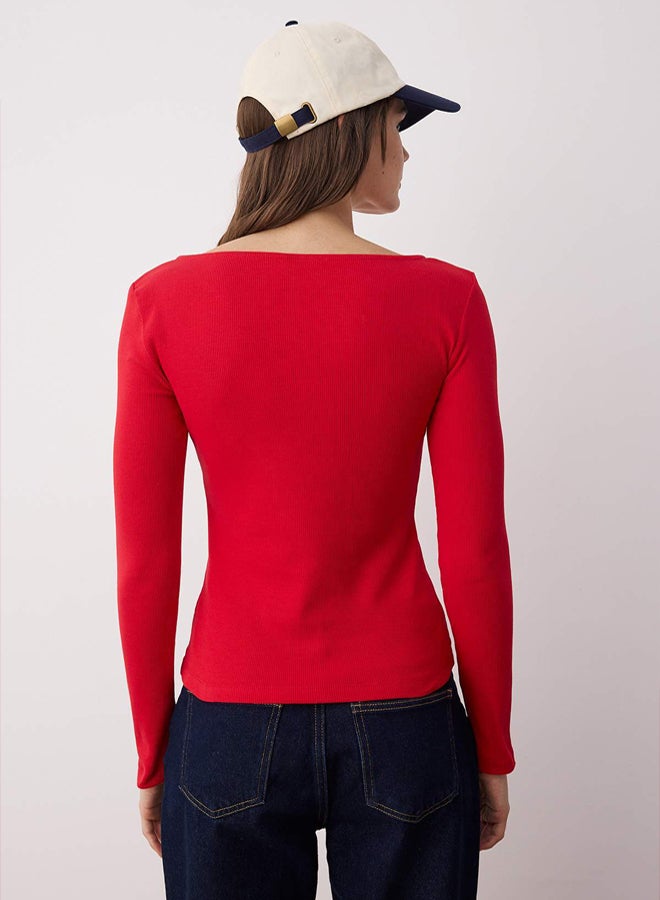 trendyol Red Button Crew Neck Bodycon Ribbed Stretchy Knitted Blouse - Image 4