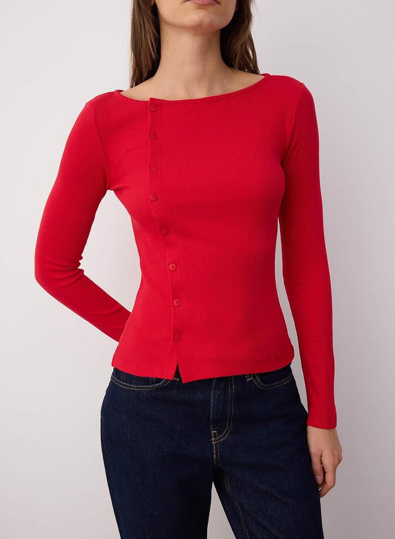trendyol Red Button Crew Neck Bodycon Ribbed Stretchy Knitted Blouse - Image 3