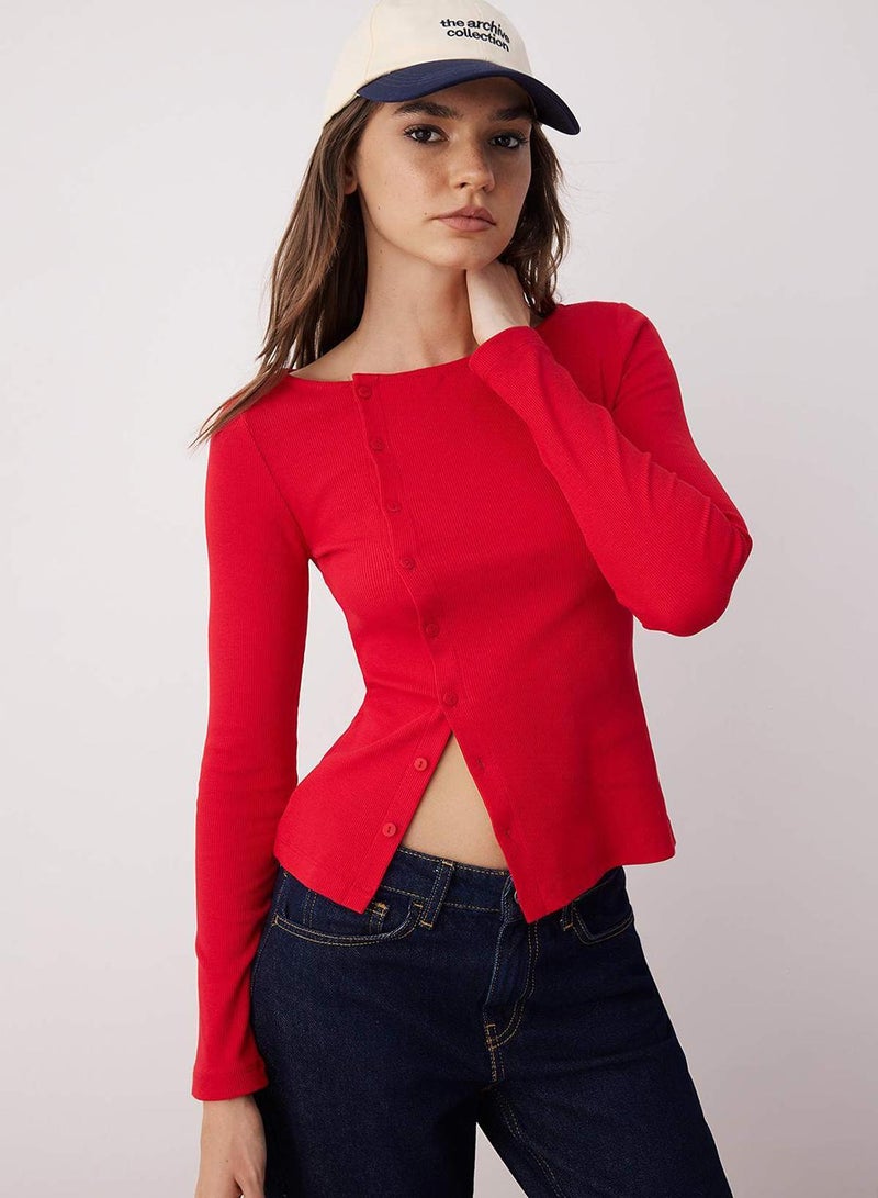 trendyol Red Button Crew Neck Bodycon Ribbed Stretchy Knitted Blouse - Image 2