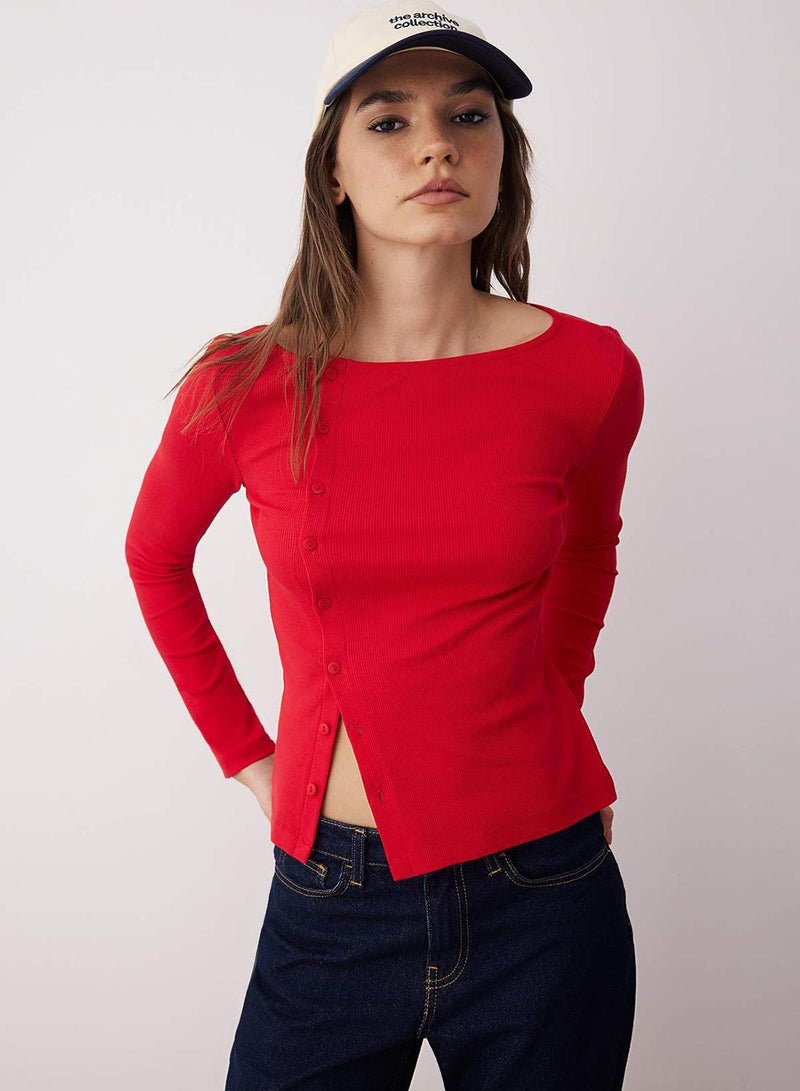 trendyol Red Button Crew Neck Bodycon Ribbed Stretchy Knitted Blouse - Image 1