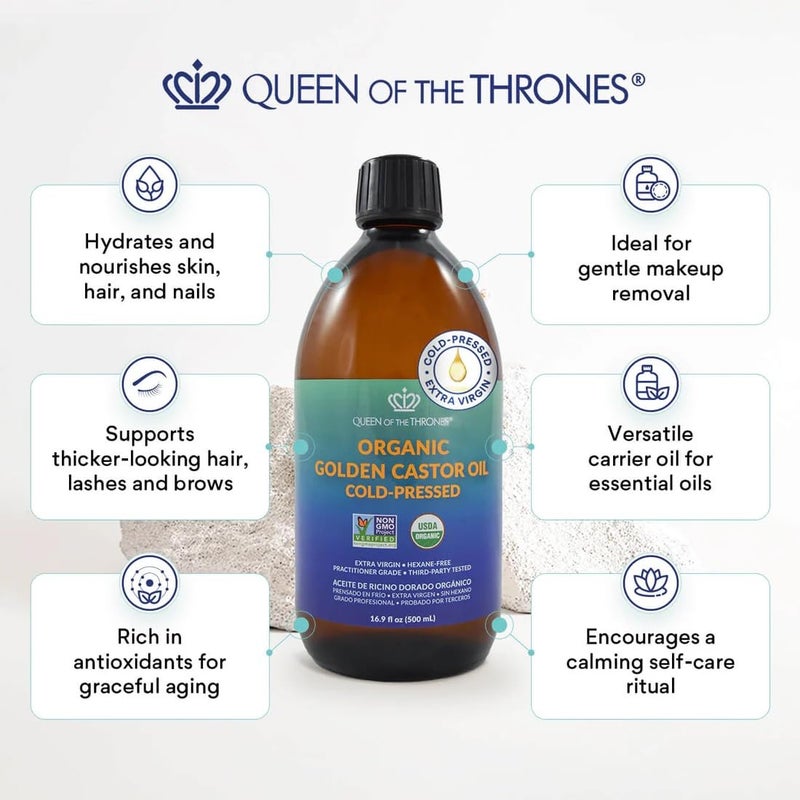 QUEEN OF THE THRONES زيت الخروع الذهبي العضوي من QUEEN OF THE THRONES - 500 مل (16.9 أونصة) | نقي 100% ومعصور بالطرد المركزي للشعر والبشرة والجهاز الهضمي | خالٍ من الهكسين | معتمد من وزارة الزراعة الأمريكية - Image 2