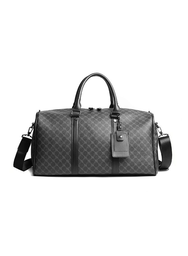Pattern Embossed PU Leather Large Duffel Weekender Bag, Portable Airport Carry On Overnight Travel Bag with Detachable Crossbody Strap for Business & Sports Unisex Black