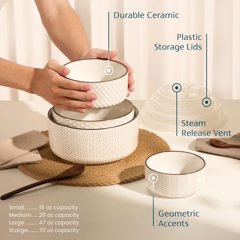 KooK Serving Bowls, with Lids, Ceramic Nesting Bowls, Set of 4, Embossed, Kitchen, Prep, Stackable, Gift, Microwave and Dishwasher Safe, 16/29/47/70 oz, Narbonne Collection (Ivory) - Image 3