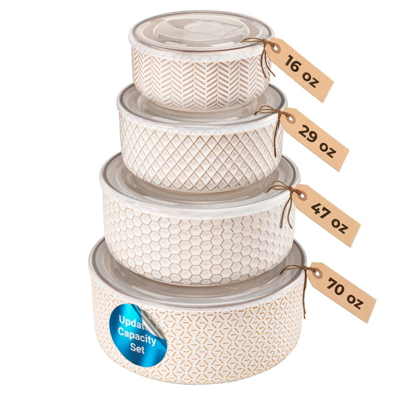 KooK Serving Bowls, with Lids, Ceramic Nesting Bowls, Set of 4, Embossed, Kitchen, Prep, Stackable, Gift, Microwave and Dishwasher Safe, 16/29/47/70 oz, Narbonne Collection (Ivory) - Image 1