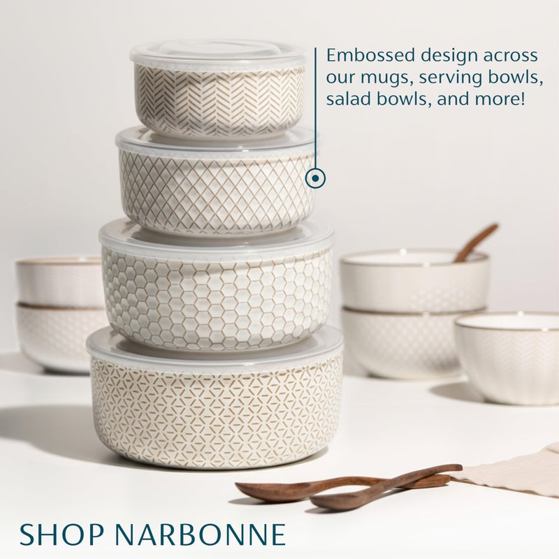 KooK Serving Bowls, with Lids, Ceramic Nesting Bowls, Set of 4, Embossed, Kitchen, Prep, Stackable, Gift, Microwave and Dishwasher Safe, 16/29/47/70 oz, Narbonne Collection (Ivory) - Image 5