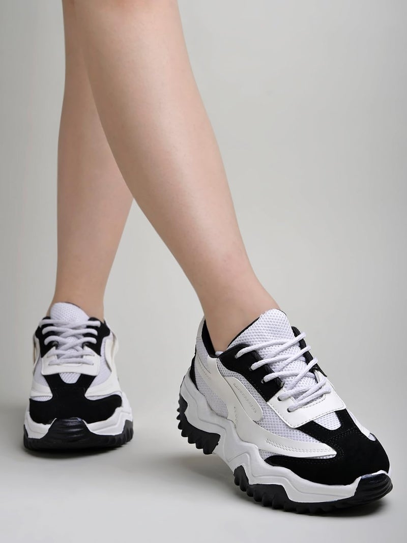 Shoetopia Chunky Platform Sneakers for Women – White & Black Colorblock || Lace-Up Athletic Shoes with Wavy Sole Design Casual and Party EU38 - Image 3