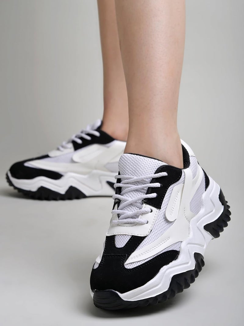 Shoetopia Chunky Platform Sneakers for Women – White & Black Colorblock || Lace-Up Athletic Shoes with Wavy Sole Design Casual and Party EU38 - Image 4