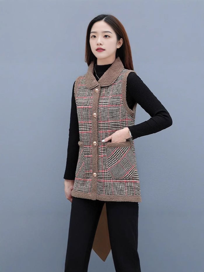 Mother'S All-Match Outfit 2024 Fashion Plus Size Women'S Grain Cashmere Cold-Proof Warm Temperament Vest Plaid Vest - Image 3