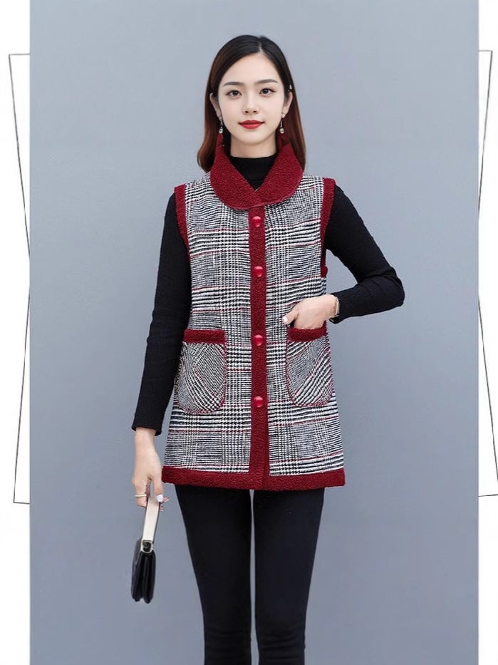 Mother'S All-Match Outfit 2024 Fashion Plus Size Women'S Grain Cashmere Cold-Proof Warm Temperament Vest Plaid Vest - Image 2