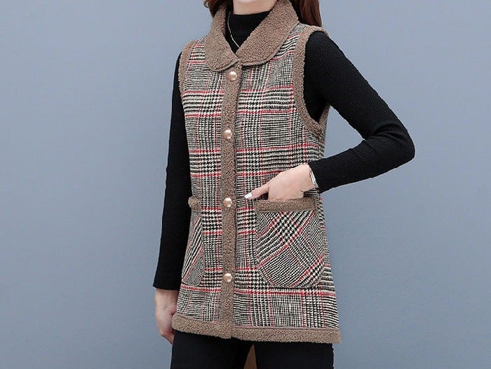 Mother'S All-Match Outfit 2024 Fashion Plus Size Women'S Grain Cashmere Cold-Proof Warm Temperament Vest Plaid Vest - Image 1