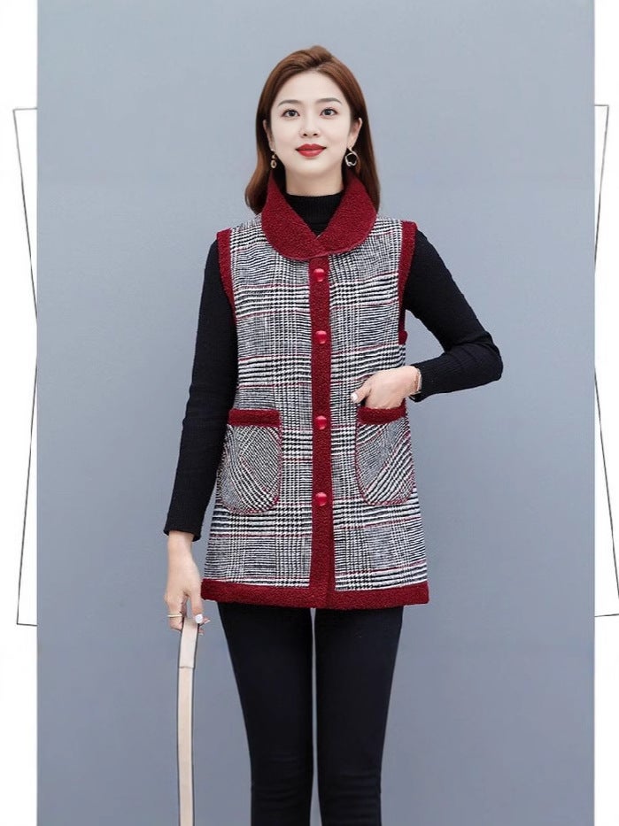 Mother'S All-Match Outfit 2024 Fashion Plus Size Women'S Grain Cashmere Cold-Proof Warm Temperament Vest Plaid Vest - Image 5