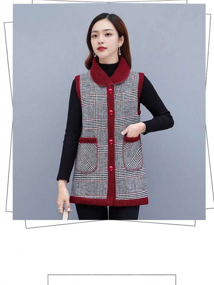 Mother'S All-Match Outfit 2024 Fashion Plus Size Women'S Grain Cashmere Cold-Proof Warm Temperament Vest Plaid Vest - Image 4